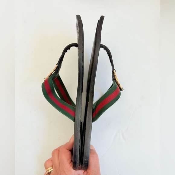 Gucci Black Red Green Leather Fabric GG web Thong flat sandals EU 39.5 - Picture 4 of 11